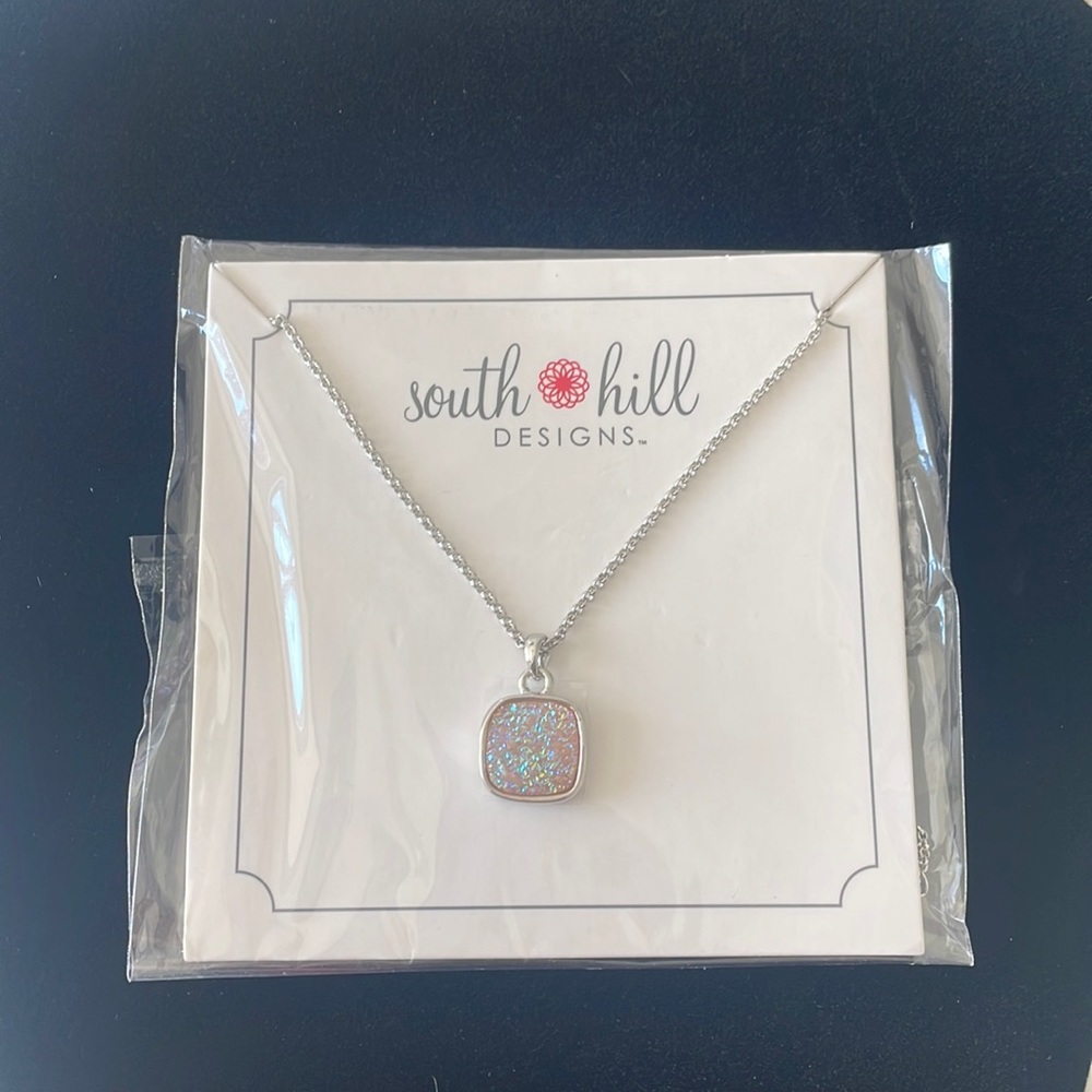 Pink Faux Druzy Droplet Silver Base Necklace - Fairy Sparkle Square Pendant